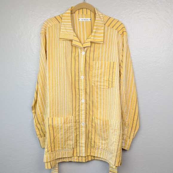 NYMane Tops - NYMANE Utility Striped Shirt Button Up Long Sleeve Tie Belt Yellow L